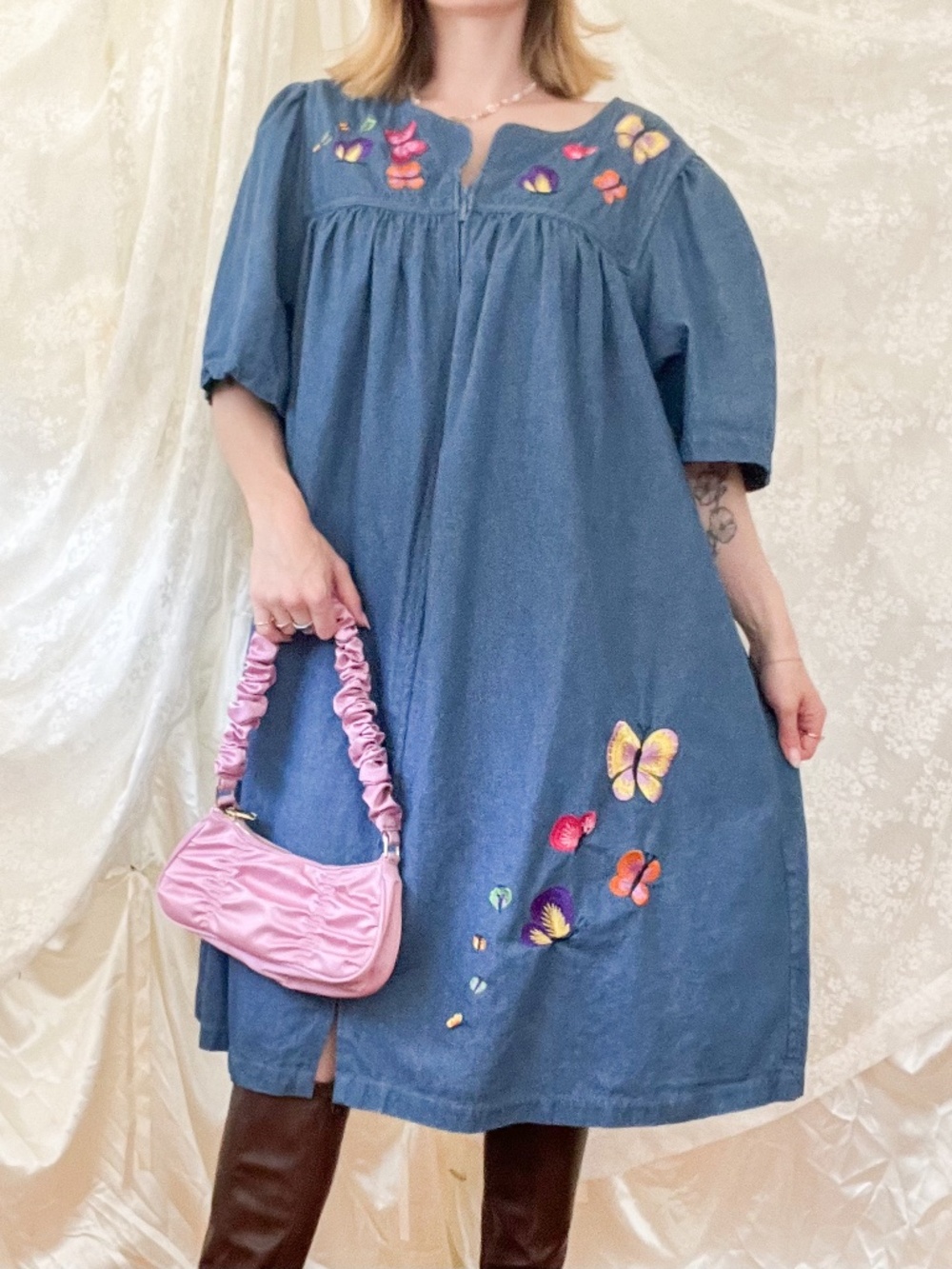 Vintage Bechamel Woman Embroidered Butterfly Denim Prairie Dress